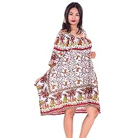 Indian 100% Cotton Women Cocktail Dress Red Color Kaftan Hippie Boho Kimono Sleeve Animal Print
