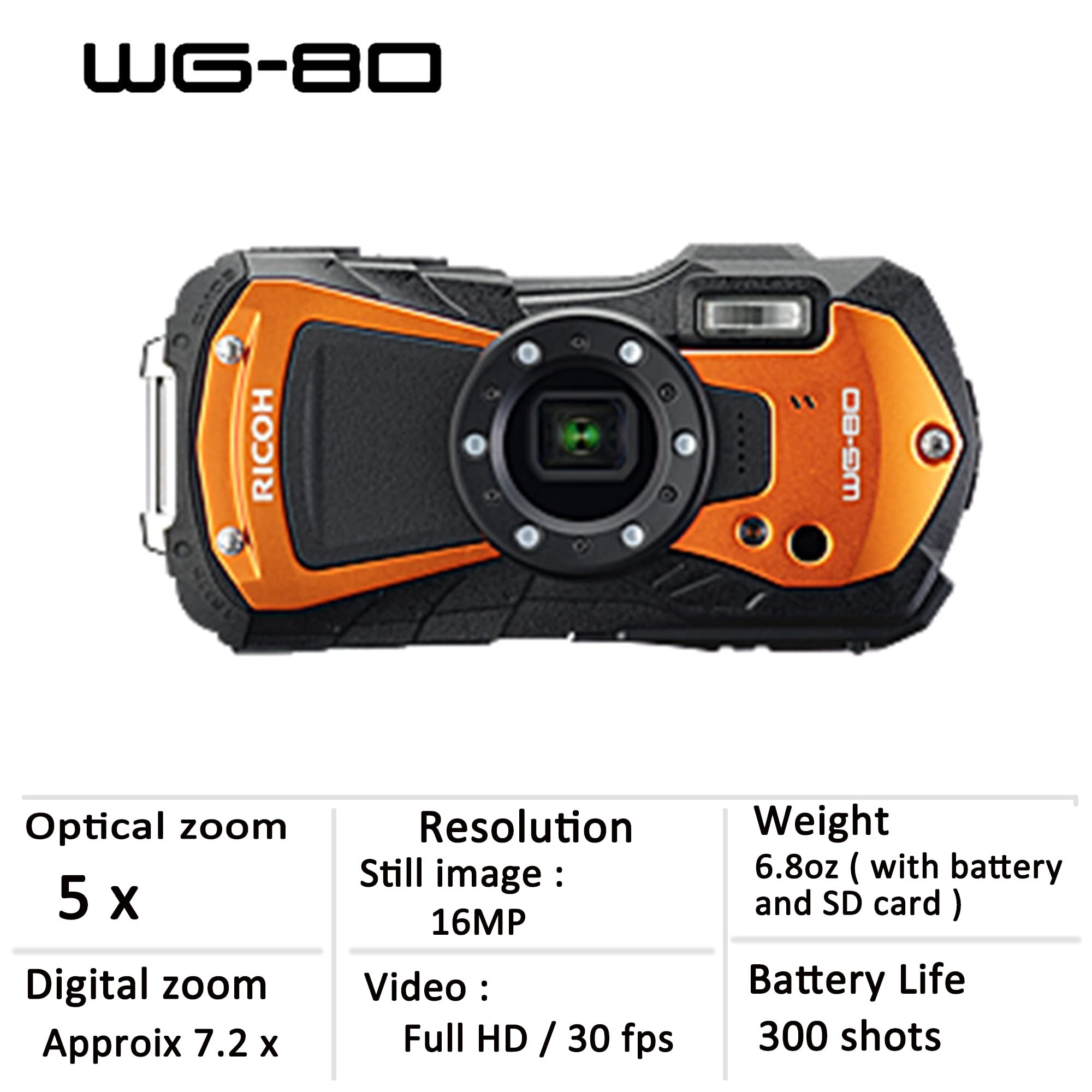 Ricoh WG-80 Orange Waterproof Digital Camera Shockproof Freezeproof Crushproof Microscope Mode, 7 x 5 x 3 inches