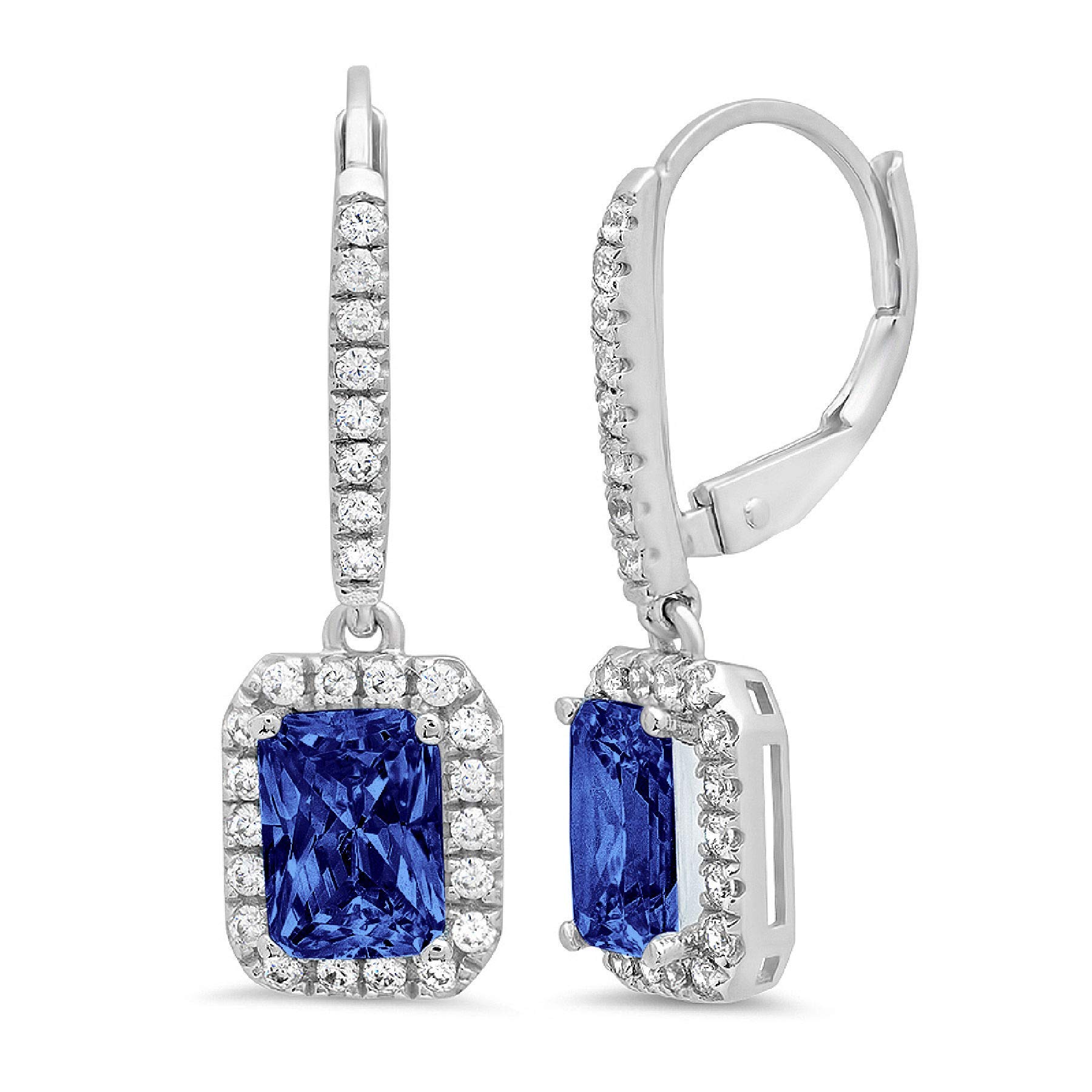 3.51cttw Emerald Brilliant Round Cut Halo Solitaire Flawless Genuine Simulated CZ Blue Tanzanite Gemstone Unisex Pair of Designer Lever back Drop Dangle Earrings Solid 14kWhite Gold