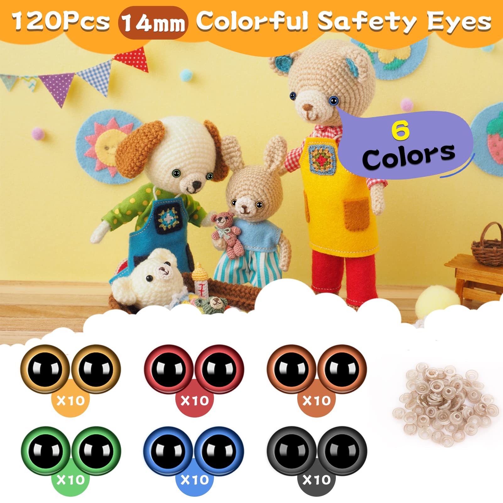 120Pcs/14mm Safety Eyes for Amigurumi Crochet Stuffed Animals Large Safety Eyes with Washers, Big Crochet Amigurumi Stuffed Animals Safety Eyes for Teddy Bear Stuffed Toy Doll Plush Animal (6 Colors)
