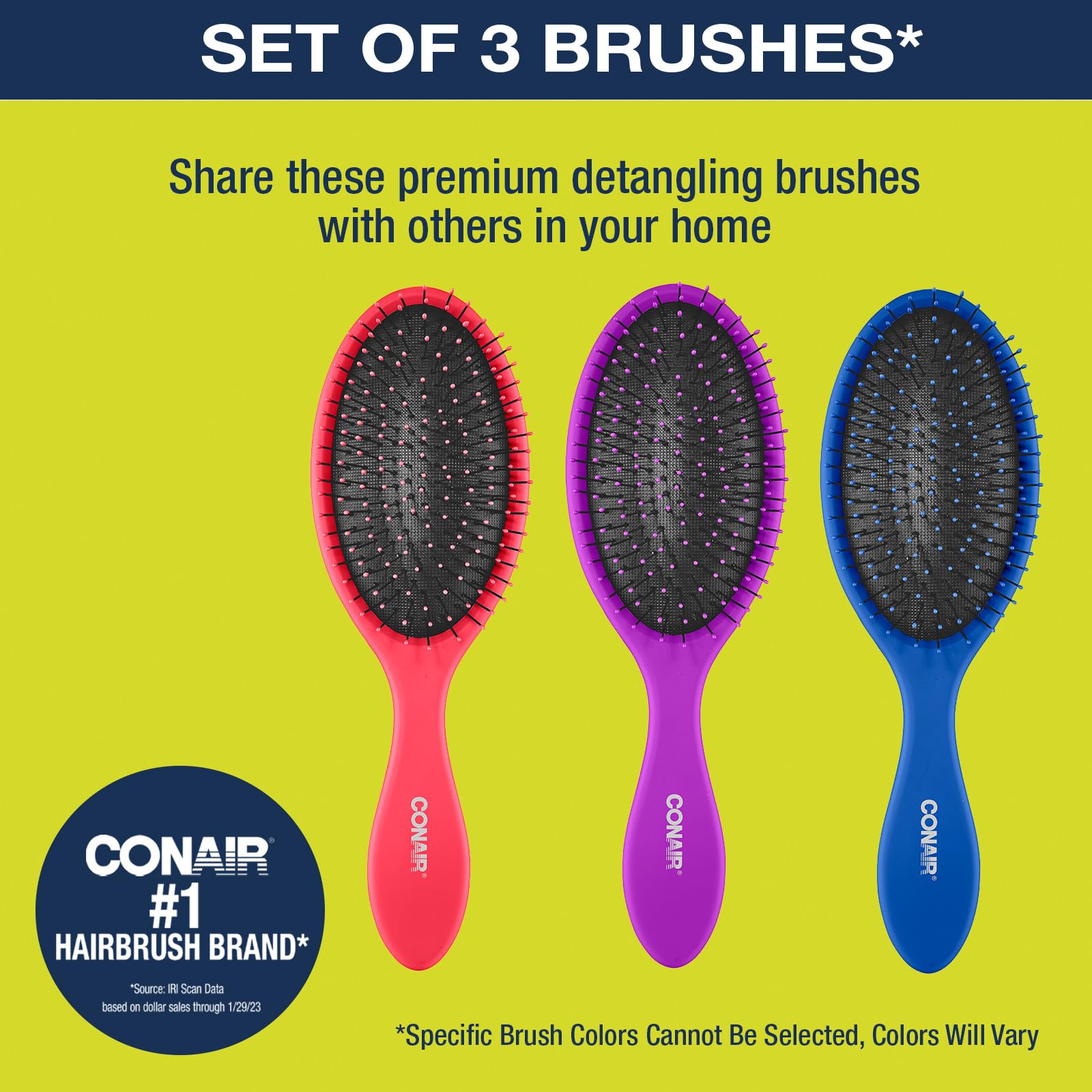 Conair Gently Detangle Hair Brush, Dry and Wet Hairbrush with Flexible Bristles, Color May Vary, 3 Count