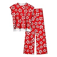 Summer Floral Print 2 Piece Outfit Women Loungewear Sets Cap Sleeve High Low Split Hem Tops Wide Leg Pants Tracksuit