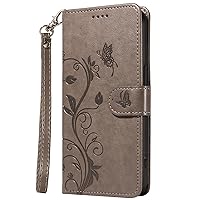 XYX Wallet Case for Samsung A21, PU Leather Flip Protective Phone Case Card Slots Apricot Blossom Tree Case with Wrist Strap for Galaxy A21, Grey