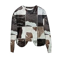 Women Vintage Plaid Cow Print Sweatshirt Casual Loose Fit Crewneck Pullover Tops 2024 Fall Long Sleeve Trendy Shirts