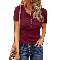 BTFBM Women 2024 Summer Henley Tunic Top V Neck Short Sleeve Button UP Solid Slim Fit Casual Ribbed Knit Shirt Blouses