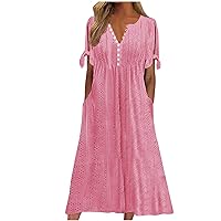 Women's Summer V Neck Button Tie Short Sleeve Dress Eyelet Embroidery Pleated Plain Solid Color Beach Midi Dresses (Medium, Pink)