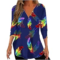 Women Fashion V-Neck 3/4 Sleeves Tops Oversized T Shirt Feather Printed Casual Loose Basic Tops Dressy Blouses