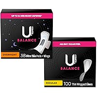 Balance Period Kit: Ultra Thin Overnight Pads with Wings, 38 Count and Daily Wrapped Panty Liners, Light Absorbency, Regular Length, 100 Count (Packaging May Vary)