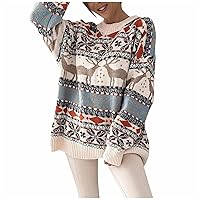 Christmas Womens Sweatshirt Reindeer Snowflake O-Neck Long Sleeve Sweatshirt Fun and Cute Chunky Knit Tunic Sweater