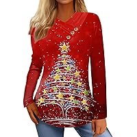 Christmas Long Sleeve Shirts for Women Casual Plus Size Holiday Tops Buttons Vneck Graphic Tees Vintage Clothes