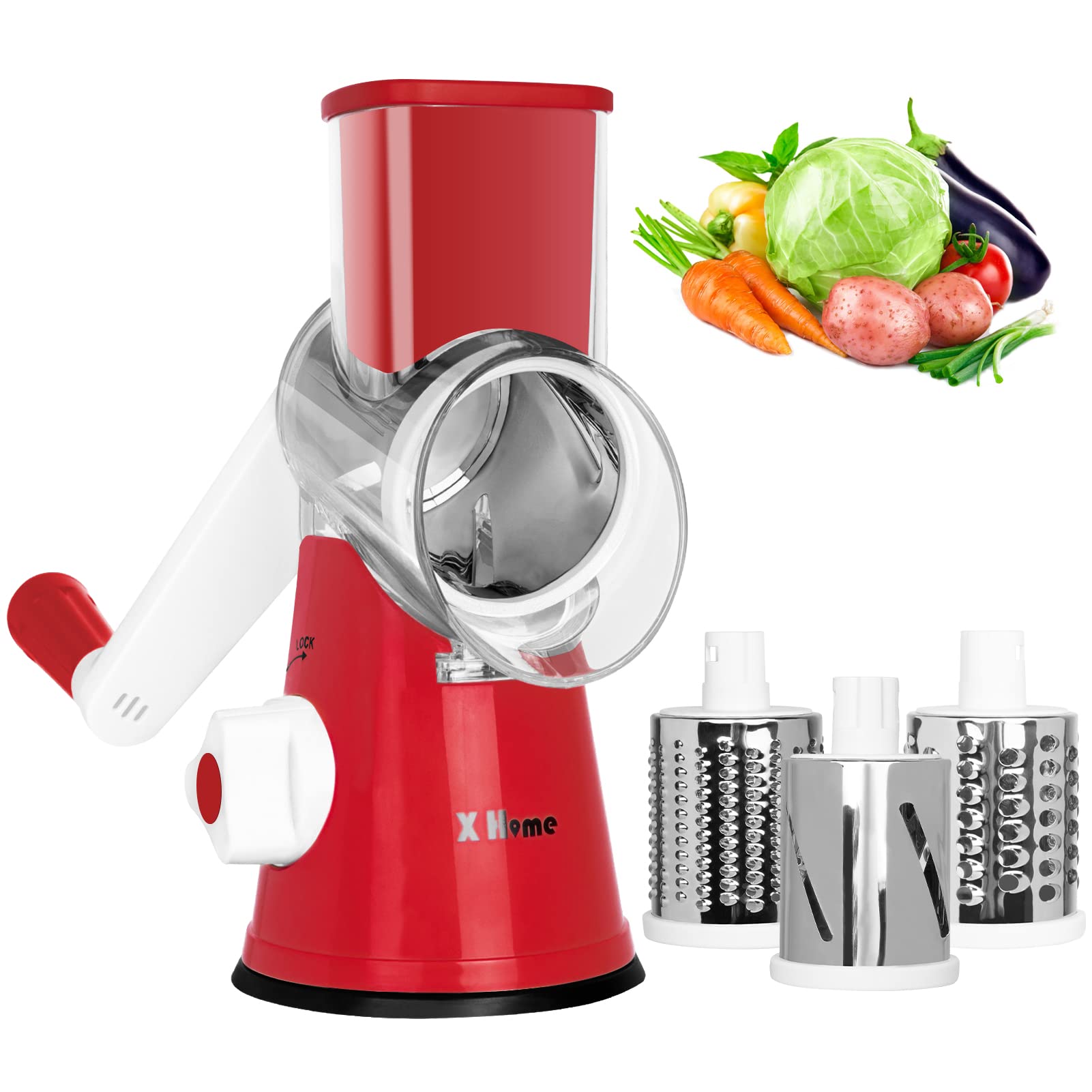 X Home Rotary Cheese Grater, Handheld Vegetables Slicer Cheese Shredder with Rubber Suction Base, 3 Stainless Drum Blades Included, Red