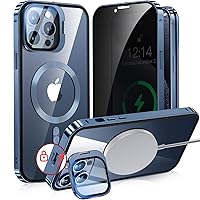 [Camera Invisible Stand & Slide Pop-up Lock] Magnetic Privacy Case for iPhone 15 Pro Max [Compatible with MagSafe] [Full Lens Protection+Invisible Kickstand] Full Body Metal Bumper Cover-Blue