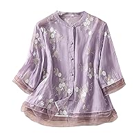 Flowy Sheer Mesh Patchwork Cotton Linen Shirts Women Floral Embroidery Blouse Summer 3/4 Sleeve Button Down Tops
