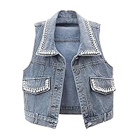 Women's Single-Breasted Beaded Denim Short Vest Sleeveless Summer Jacket
