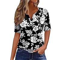 Summers Work Classic Top Female Short Sleeve Peplum Print V Neck Tops Womans Softest Slim Fit Polyester Button Black M