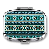 Portable Mini Pill Case, Teal Green Native American Tribal Ethnic Western Horse Pill Box with Mirror, 2 Compartment Medicine Vitamin Holder Travel Small Pill Organizer