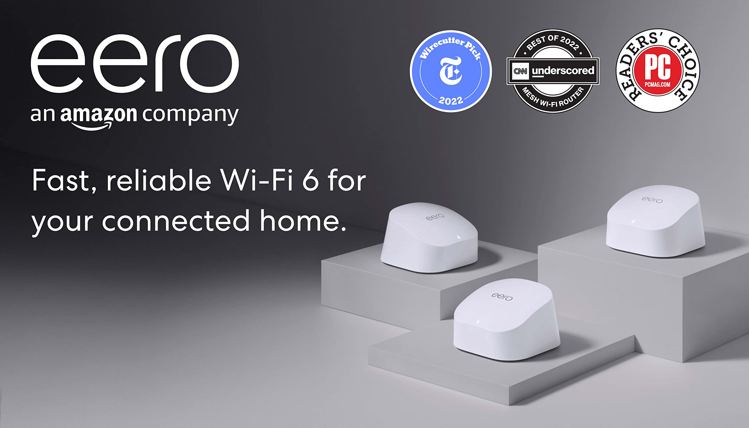 Amazon eero 6 mesh Wi-Fi system | Supports speeds up to 500 mbps | Connect to Alexa | Coverage up to 4,500 sq. ft. | 3-pack, one router + two extenders, 2020 release