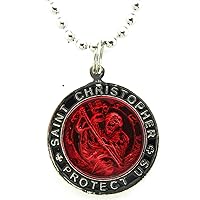 St. Christopher Large Surf Medal Necklace Pendant, Protector of Travel re-bk Red-Black