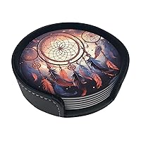 Native American Dream Catcher Print Leather Coaster Set of 6 Round Heat-Resistant Drink Coasters Round Cup Mat with Storage Case for Kitchen Bar Home Decor Housewarming Gift