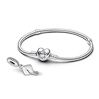 Pandora Jewelry Bundle with Gift Box - Sterling Silver Graduation Charm & Moments Sterling Silver Snake Chain Charm Bracelet with Heart Clasp, 9.0
