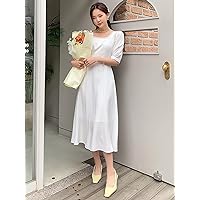 Women's Dress Contrast Lace Square Neck Puff Sleeve Dress (Color : White, Size : Small)