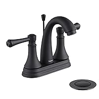 Matte Black 4 Inch Bathroom Sink Faucet 3 Hole, 2 Handle Centerset Bathroom Faucet with Metal Casting Spout, Modern RV Farmhouse Vanity Faucet, Include Drain with Overflow and Lift Rod, TAF410Y-MB