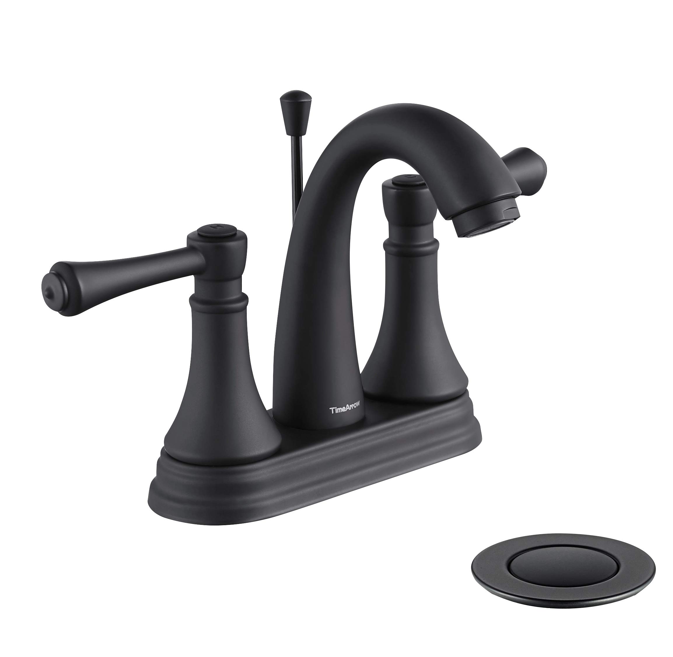 Matte Black 4 Inch Bathroom Sink Faucet 3 Hole, 2 Handle Centerset Bathroom Faucet with Metal Casting Spout, Modern RV Farmhouse Vanity Faucet, Include Drain with Overflow and Lift Rod, TAF410Y-MB
