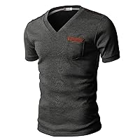 H2H Mens Basic Cotton V-Neck T-Shirts with Point Shoulder Button Leather Pocket Charcoal US S/Asia M (JDSK16)
