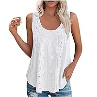 Womens Flowy Tank Tops Dressy Casual Sleeveless Shirts Summer Scoop Neck Eyelet Embroidery Tees Cute Curved Hem Tshirts