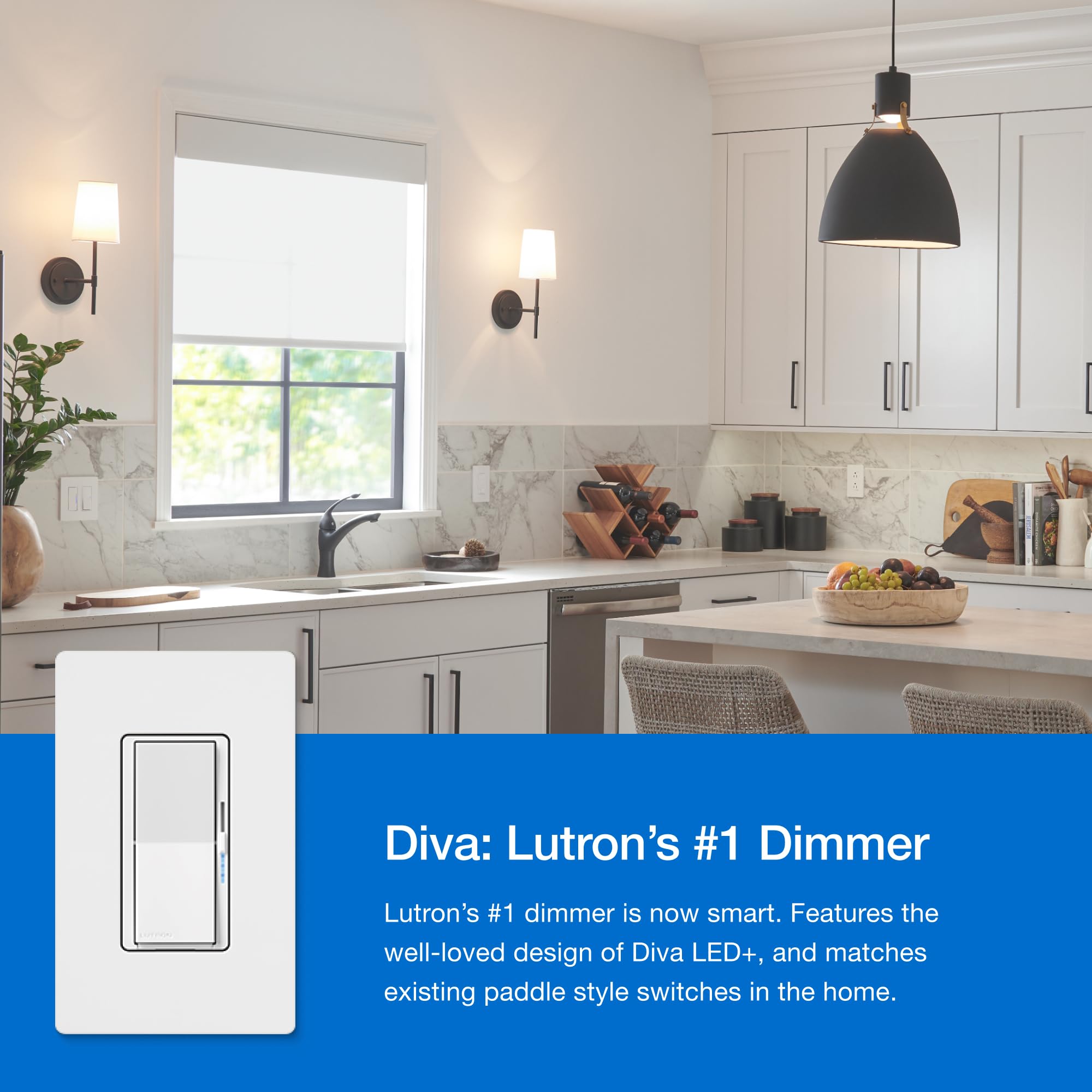 Lutron Diva Smart Dimmer Switch 3-Way Kit with Pico Paddle Remote and Wire Label Stickers | Compatible with Alexa, Apple Home, and The Google Assistant (Hub Required) | DVRF-PKG1D-WH | White