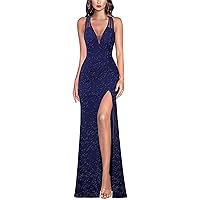 VFSHOW Womens Formal Prom Sexy Deep V Neck Ruched Backless High Slit Maxi Dress 2024 Wedding Guest Long Cocktail Evening Gown