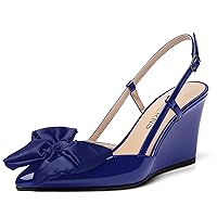 WAYDERNS Womens Bow Patent Buckle Slingback Wedding Cute Ankle Strap Pointed Toe Wedge High Heel Pumps Shoes 3.3 Inch