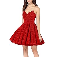 Women's Sexy Sparkly Glittery Short Sweetheart Homecoming Dresses 2019 A Line V-Neck Prom Dress Red