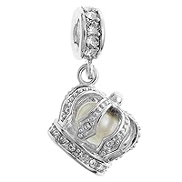 Rhodium-plated Sterling Silver Dangle Crown with White Freshwater Cultured Pearl European Bead Charm (4.5-5mm)