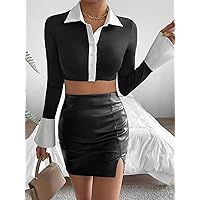 Contrast Collar Crop Top (Color : Black and White, Size : Medium)