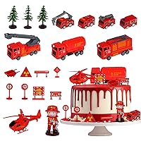 20 Pieces Fire Truck Cake Topper Firefighter Cake Decoration Fire Truck Birthday Decorations Fireman Birthday Party Supplies for Boy Girl Happy Birthday Party Cake Decoration Supplies