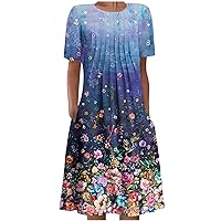 Women Pleated Front Summer Boho Short Sleeve Tunic Dress Trendy Flower Print Casual Crewneck Knee Dress with Pockets