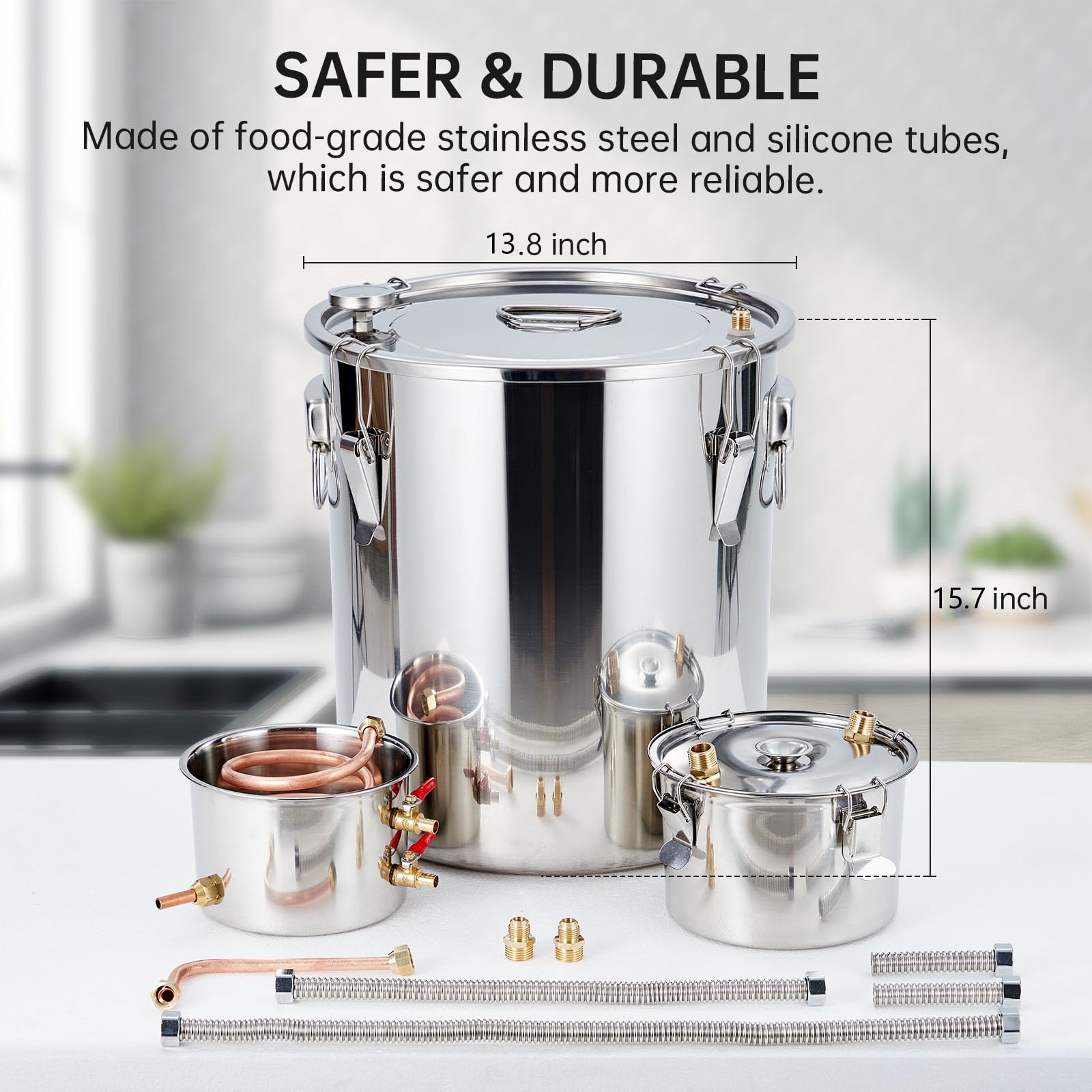 Alcohol Still 10Gal/38L Alcohol Distiller Stainless Steel Distillery Kit for Alcohol With Copper Tube Water Pump Build-in Thermometer, Home Brewing Kit for DIY Whisky Wine Brandy Making