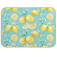 Absorbent Dish Drying Mat for Kitchen Counter - Yellow lemon teal background Microfiber Drying Pad, Reversible Drainer Mats for Countertop, Medium 16 x 18 inch