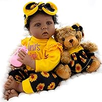 Aori Lifelike Reborn Baby Dolls Black Girl, 22 Inch Realistic African American Newborn Weighted Baby Dolls That Look Real with Teddy Toy and Sunflower Clothes Gift Set for Ages 3+