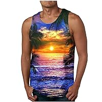 Men's Sunset Graphic Tanks Casual Sleeveless Workout Shirt Hawaiian Print Tank Tops Athletic Gym Fitness Undershirt