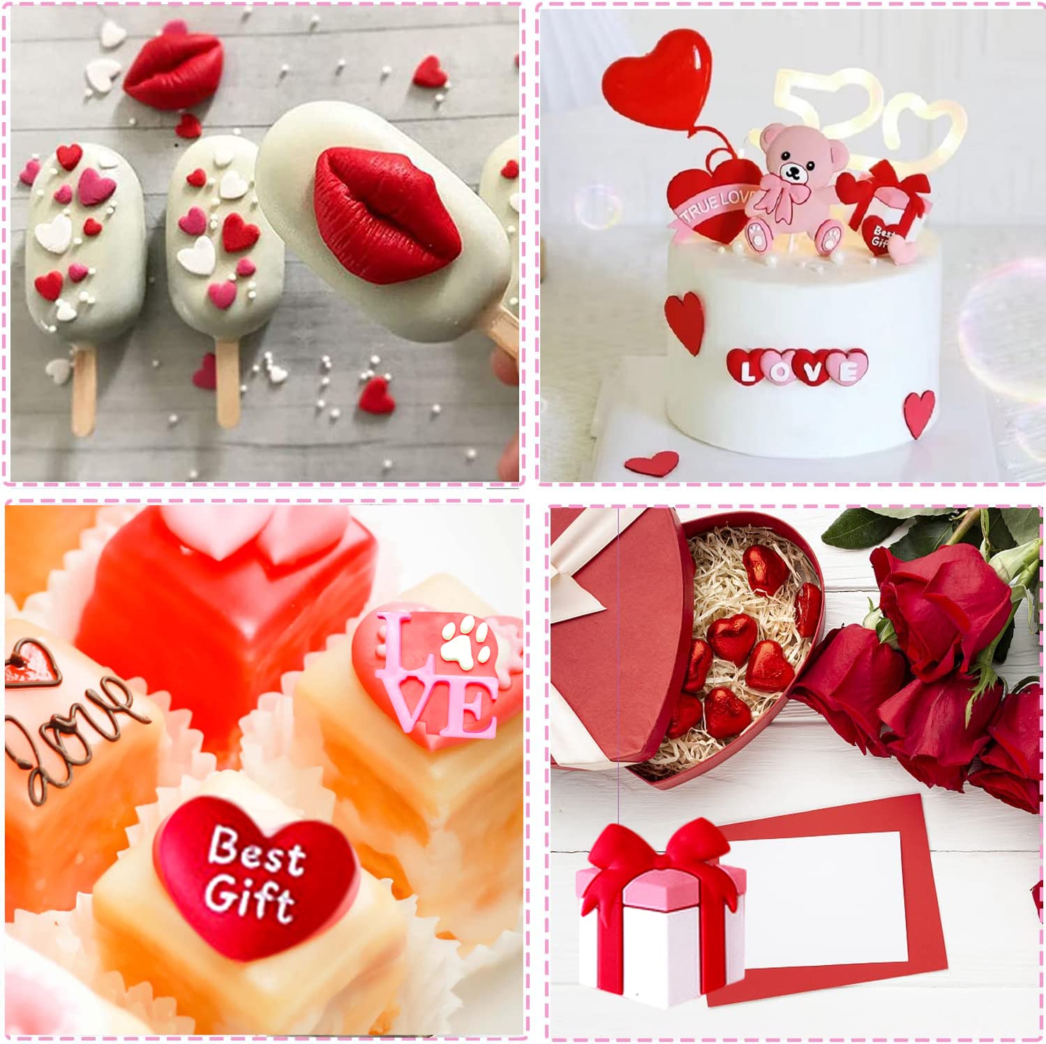 6 Pcs Valentine's Day Fondant Molds Wedding Fondant Cake Molds Bear Heart Love Lips Gift Shape Candy Silicone Molds Chocolate Mould for Cake Topper Polymer Clay Soap Wax Making Party Supplies