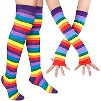 Womens Rainbow Socks Striped Knee High Socks Arm Warmer Fingerless Gloves Set