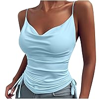 Cotton Tank Top Women Loose Fit Sexy Spaghetti Strap Camisole For Women Trendy Ruched Tank Tops Side Drawstring Sling Shirts Summer Tight Cami Top Halter Tank Tops For Women