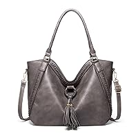 FANDARE Fashion Woven Handbag Shoulder Bag Waterproof Fringed Top-handle Bags PU Leather Crossbody Bag for Work Travel Office Party Shopping Grey