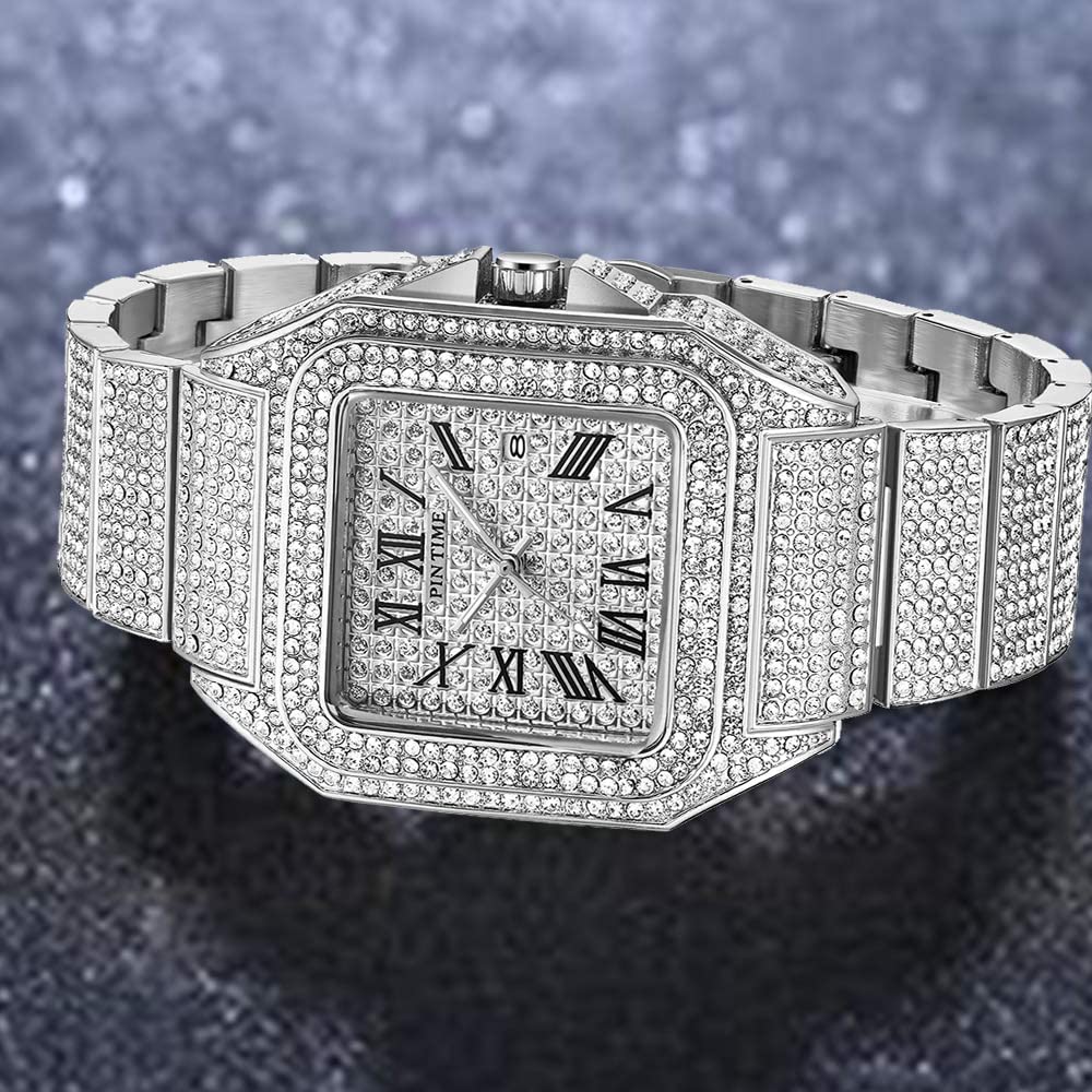 Gosasa Fashion Hip Hop Men's Crystal Watch Bling Bling Watch Rectangle Case Stainless Steel Quartz Analog Bracelet Wristwatch