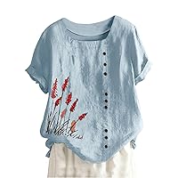 Summer Women Cotton Linen Tshirt Tops Casual Loose Fit Trendy Floral Print Tunic Tees Short Sleeve Plus Size Button Blouses