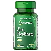 Puritan's Pride Zinc Picolinate 25 Mg to Support Immune System Health Caplets, White, 100 Count