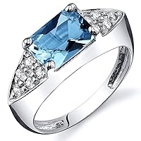 PEORA Swiss Blue Topaz Statement Ring in Sterling Silver, Elegant Linear Design, Radiant Cut, 8x6mm, 1.75 Carats total, Comfort Fit, Sizes 5 to 9