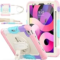 SEYMAC stock Case for iPad Air 5th/4th Generation/Pro 11 (4th/3rd/2nd) with Screen Protector Pen Holder, 360° Rotate Hand Strap/Stand Case for iPad Air 5th/4th Gen 10.9''/ Pro 11'' (Yellowish+Pink)